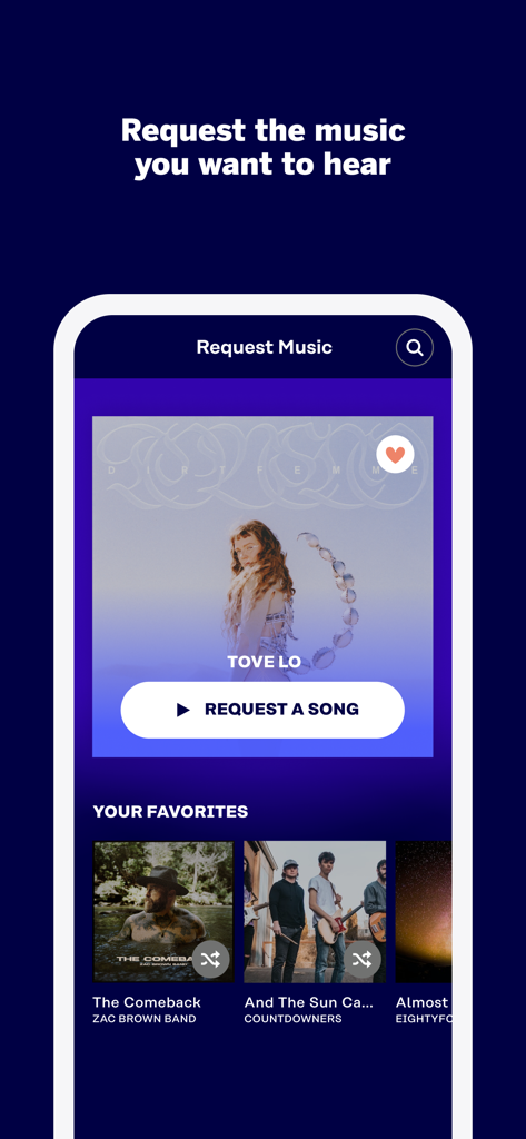 Rockbot - Request Music - Pantalla de la app Rockbot mostrando cómo solicitar una canción y ver la música favorita