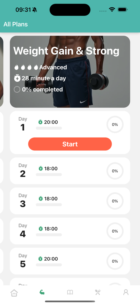 Workout for Underweight - Mobile app screen showing a daily weight gain and strength training schedule for advanced muscle building