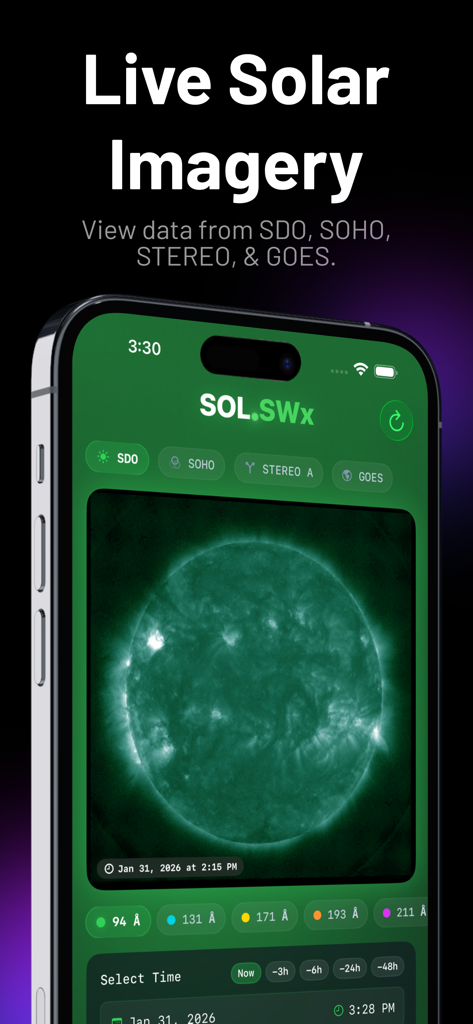 SOL.SWx: Aurora & Sun Tracker - Uma interface de aplicativo móvel exibindo imagens em tempo real do Sol do observatório SDO.