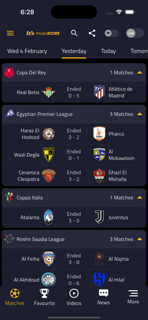 mobiSCORE Today Match Table - mobiSCORE app interface displaying soccer match results and scores from multiple international leagues