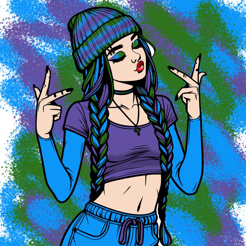 realistic teenage girl with braids and a beanie and crop top doing 🫶🏼