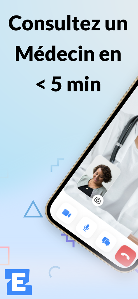 EZRA | Téléconsultation 7/7J - EZRA app screen showing a video consultation with a doctor in under 5 minutes