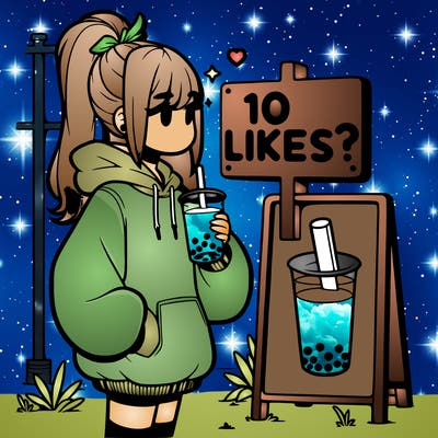 girl with oversized hoodie drinking boba and she has a high ponytail with a sign that says 10likes?