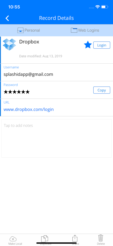 Visualização detalhada de um registro de login da conta Dropbox no SplashID Safe Cofre de Senhas