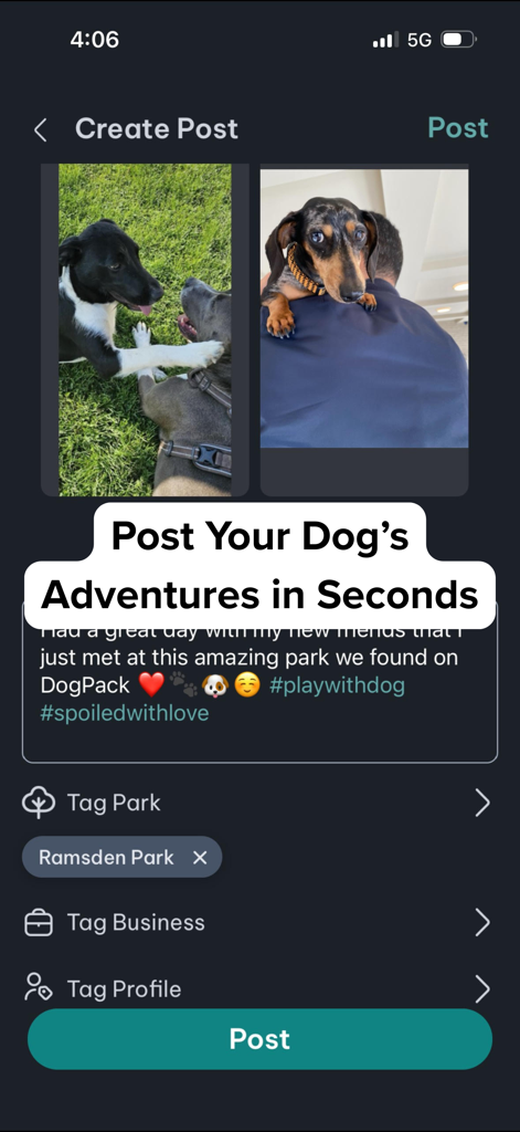 DogPack: Dog Friendly Spots - Interfaz de la aplicación DogPack que muestra una pantalla para crear una publicación con fotos de perros y una etiqueta de ubicación para un parque