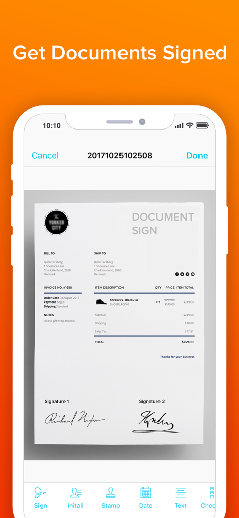 Signature Maker & Esign Now - Mobile Ansicht, die ein unterschriebenes digitales Dokument mit verschiedenen Signaturwerkzeugen unten zeigt