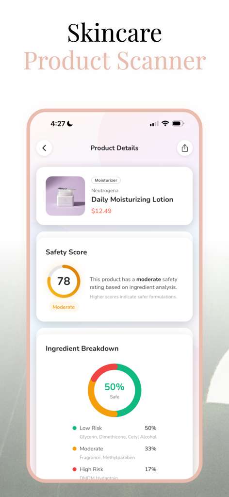 GlowLift: Face Yoga & Skincare - A screenshot of the GlowLift app's skincare product scanner showing the safety score and ingredient breakdown for a moisturizing lotion.
