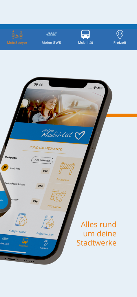 Mein Speyer - Mein Speyer app mobility dashboard displaying real-time parking availability and local refueling options for residents.
