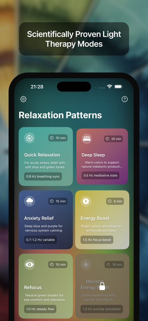 RelaxColors: Light Therapy AI - Interfaz de la aplicación RelaxColors que muestra diferentes modos de terapia de luz para dormir y concentrarse.