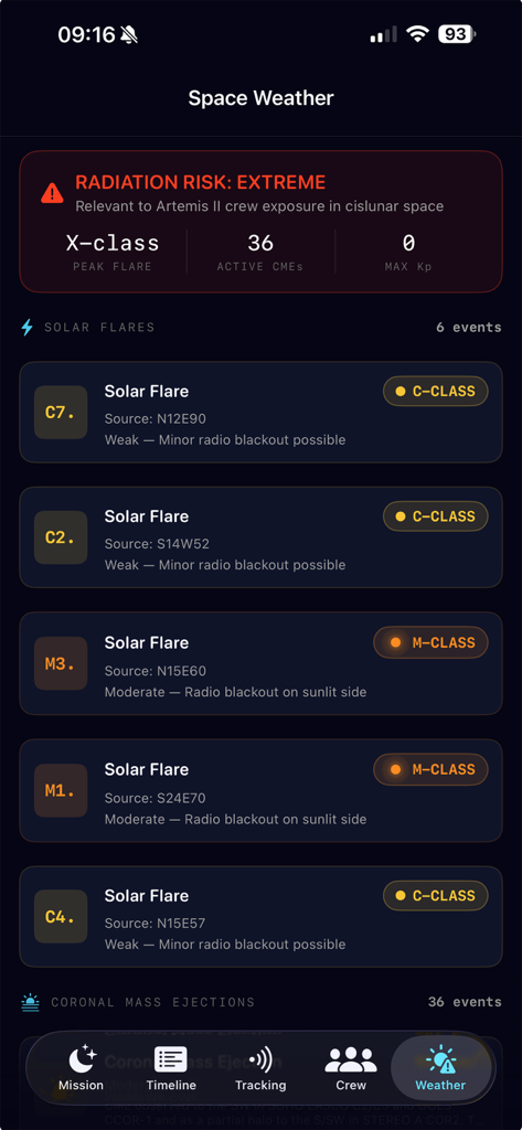 Artemis II Tracker - Artemis II Tracker app interface showing solar flares and radiation risk alerts