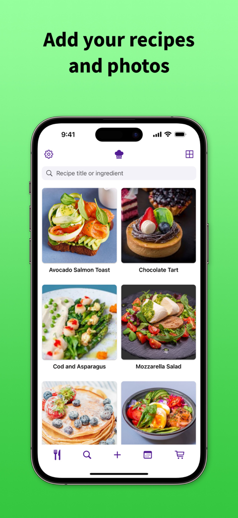 RecipeChef: Recipe Manager - RecipeChef app interface showing a grid of saved recipes with high-quality food photos on an iPhone.