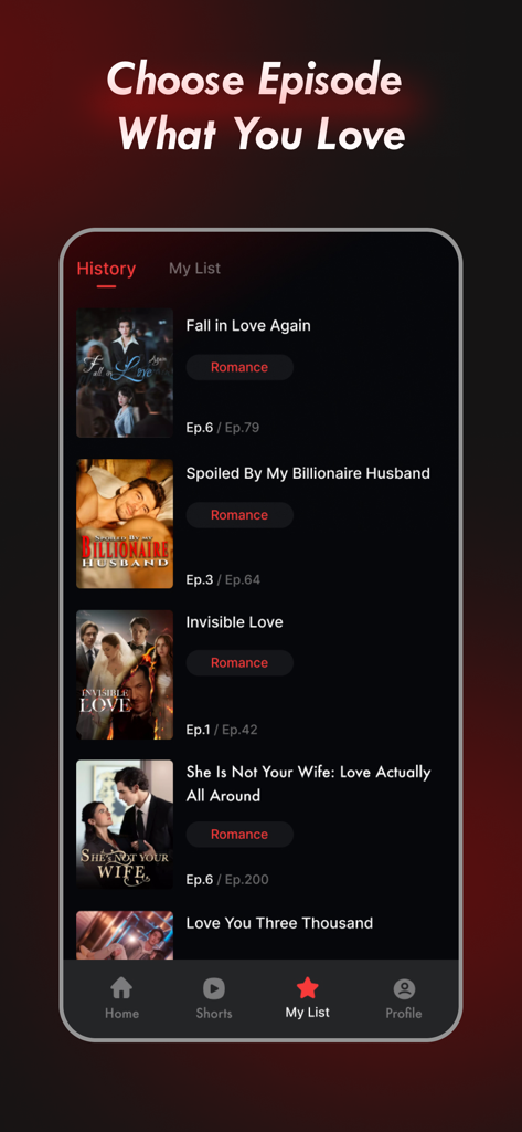 DramaBerry - Interface of the DramaBerry app showing a history list of short romance dramas including titles like Fall in Love Again and Invisible Love.
