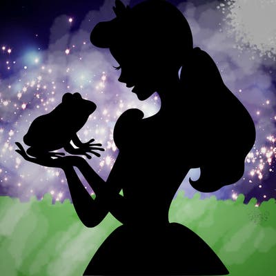 a shadow of a princess holding a frog realistic