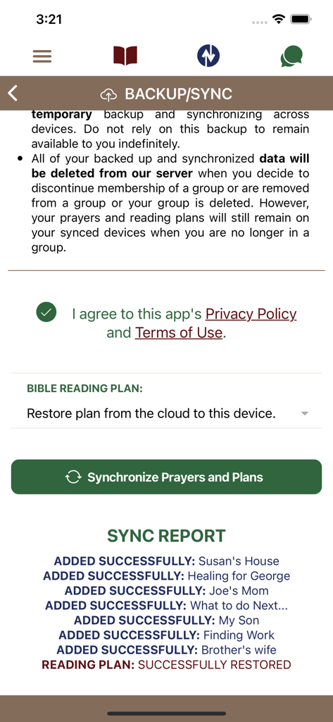 Bible Study Together - Pantalla de copia de seguridad y sincronización de la aplicación Estudio Bíblico Juntos mostrando un informe de sincronización exitosa para las peticiones de oración y los planes de lectura.