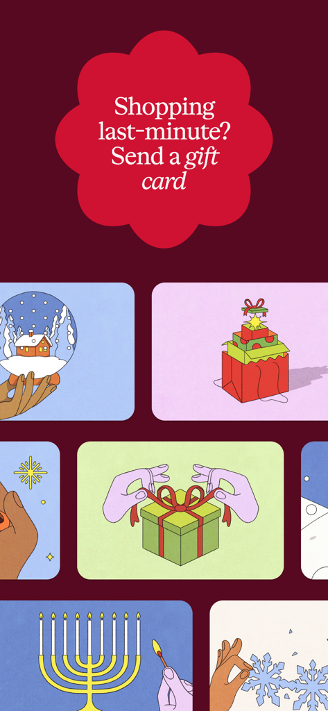 Écran de l'application Etsy faisant la promotion de cartes cadeaux de dernière minute avec des illustrations festives de vacances