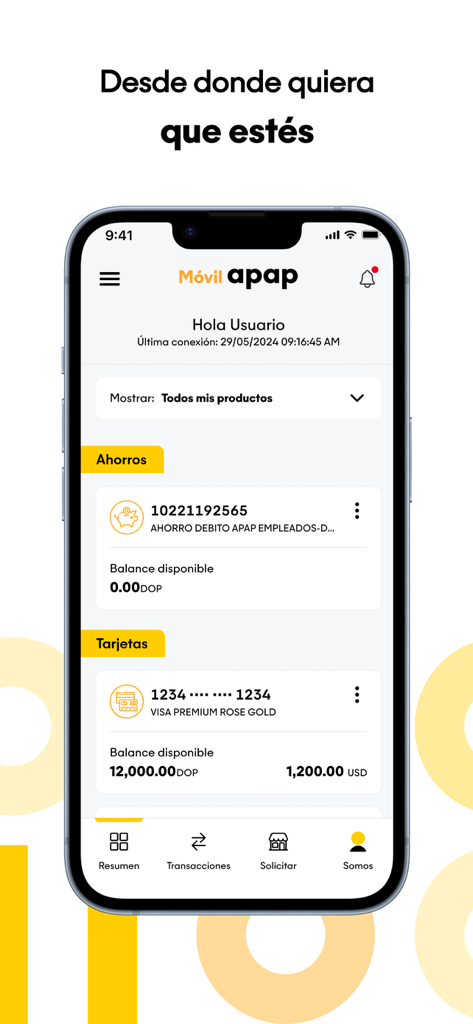 Startbildschirm der Movil APAP Mobile App mit Konten- und Kartenguthaben in DOP und USD