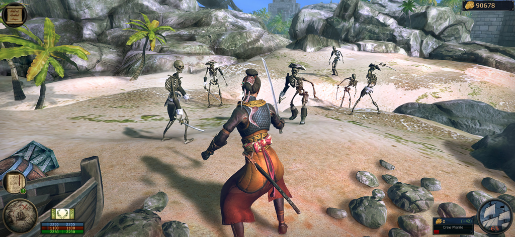 Tempest: Pirate RPG Premium - A female pirate character facing multiple skeleton enemies on a tropical beach