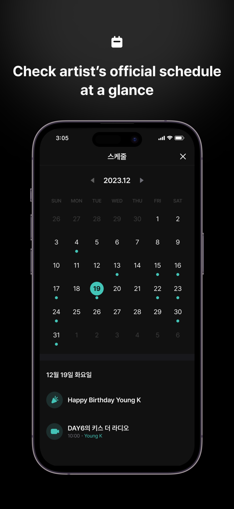 FANS - For Fans & Artists - Pantalla de smartphone mostrando un calendario con horarios y eventos oficiales de artistas de K-pop