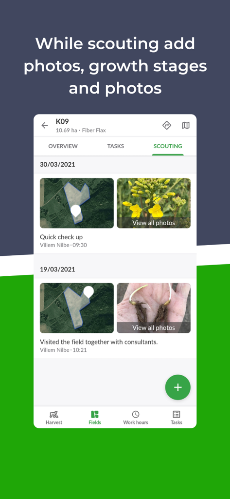 Écran de reconnaissance de l'application eAgronom affichant les cartes de champs et les photos de croissance des cultures