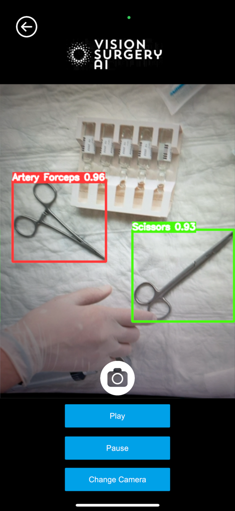 VSAI Detection app interface identifying artery forceps and scissors with AI technology