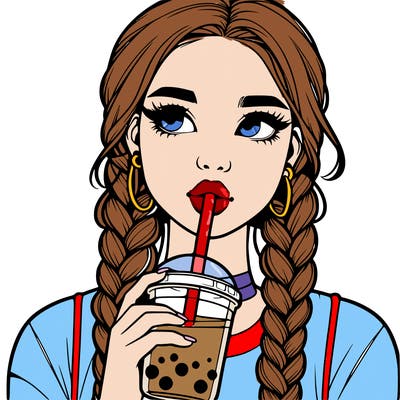 realistic girl with braided hair drinking boba