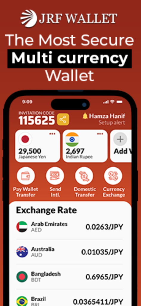 JRF Wallet - JRF Wallet mobile interface showing multi-currency balances and real-time exchange rates for international remittances.