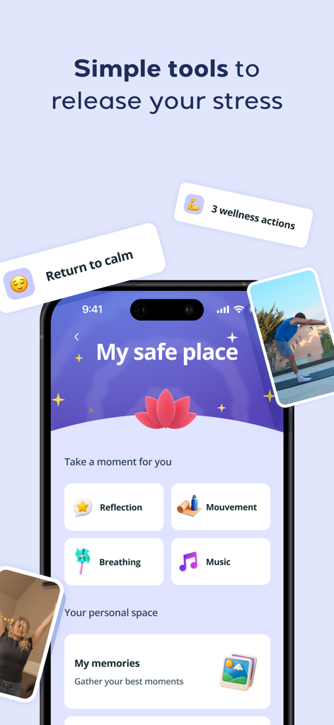 Lyynk app interface showing stress relief tools including reflection and breathing in a section titled My safe place