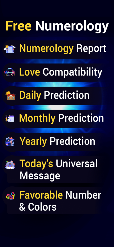 Numerology - Numbers & You - Menú principal de la aplicación Numerología que muestra opciones para informes, compatibilidad amorosa y predicciones diarias.