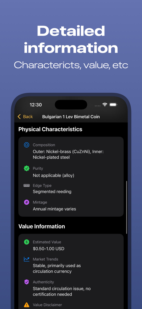 Coin Identifier: Value Scanner - Coin Identifier app interface displaying detailed physical characteristics and estimated market value of a coin