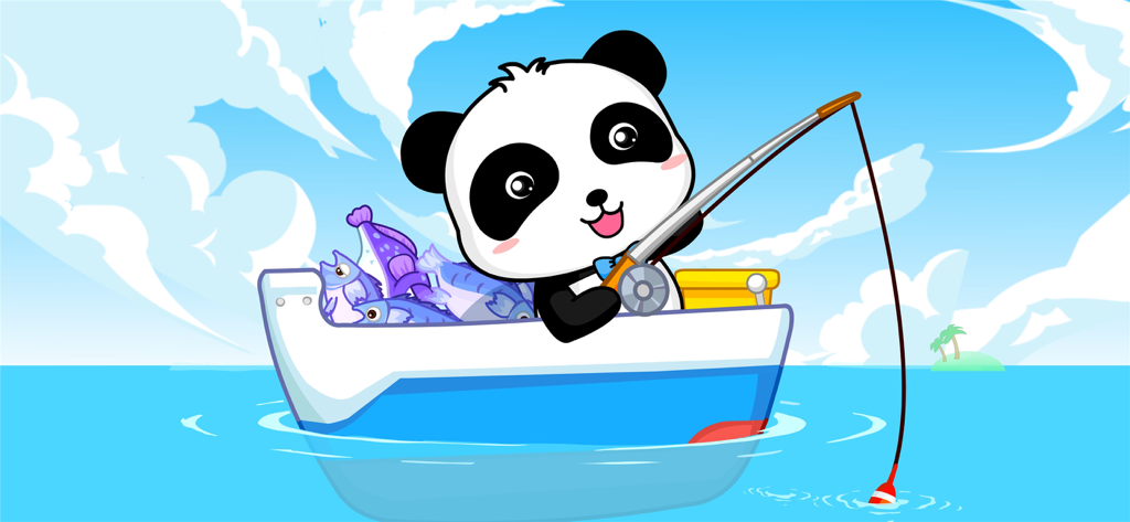 Un personaggio panda dei cartoni animati che pesca da una barca sul mare con i pesci catturati