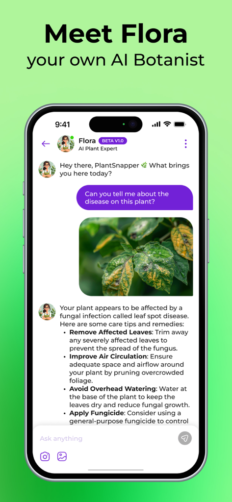 PlantSnap - Plant Scanner - Smartphone screen showing the PlantSnap AI botanist Flora identifying leaf spot disease and providing gardening care tips in a chat interface