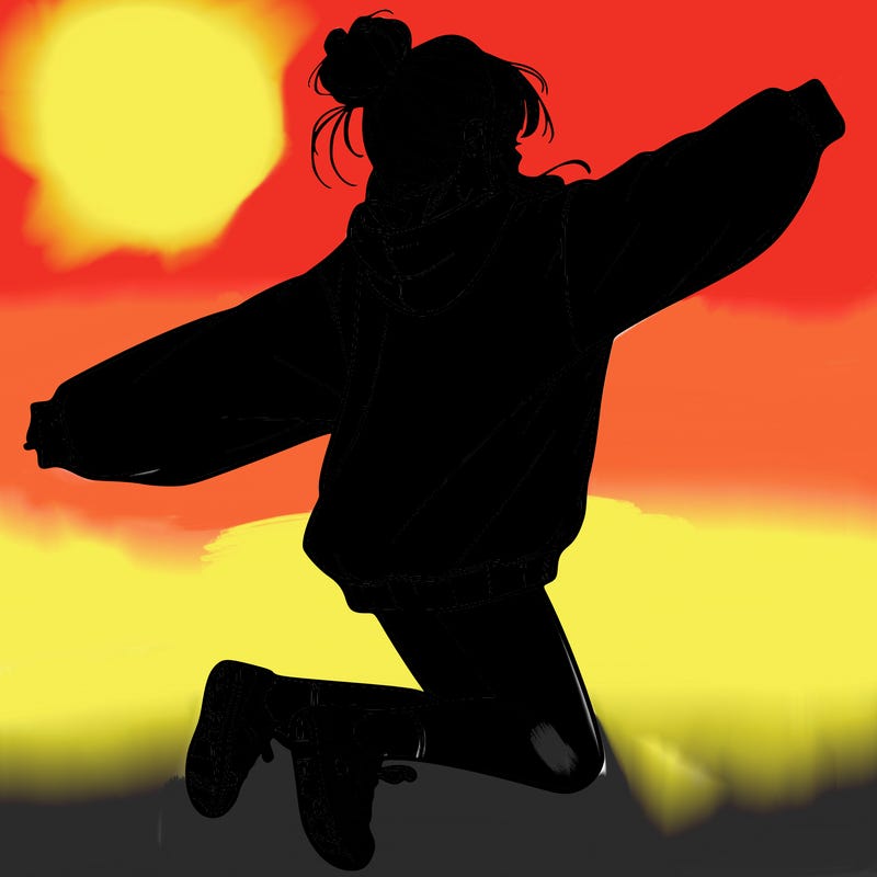 realistic girl jumping with a bun and oversized sweatshirt