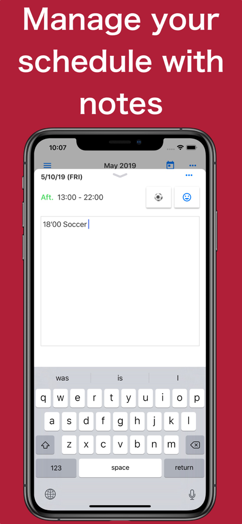Shift Work Calendar Planner - Shift Work Calendar app interface showing how to add personal notes and emojis to a daily work schedule