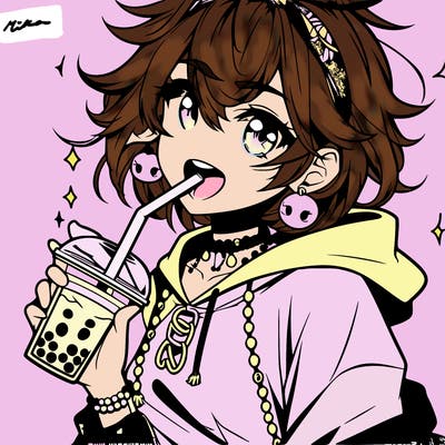 hot baddie anime girl drinking boba and biting the straw