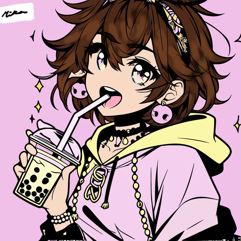 hot baddie anime girl drinking boba and biting the straw