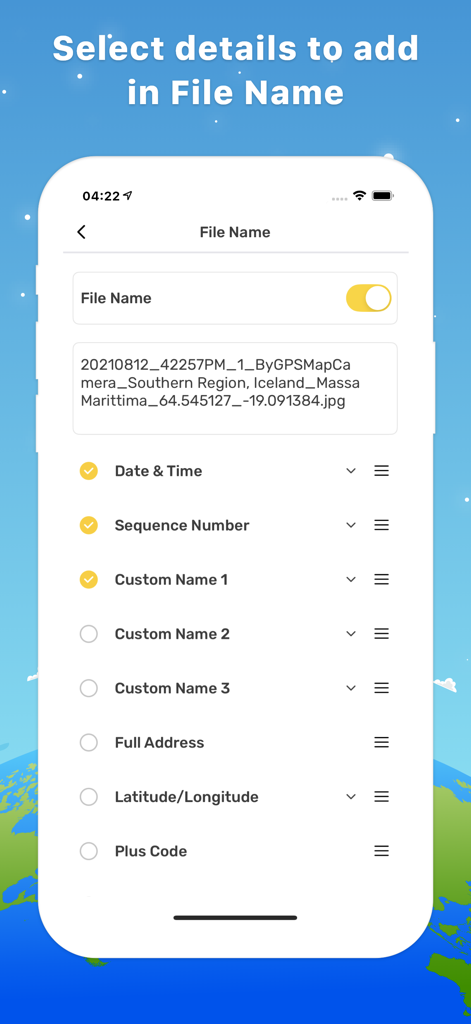 Interface of GPS Map Camera app showing options to customize photo filenames with date, time, location, and coordinates.