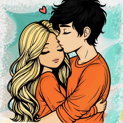 a realistic couple boy and girl hugging and kissing