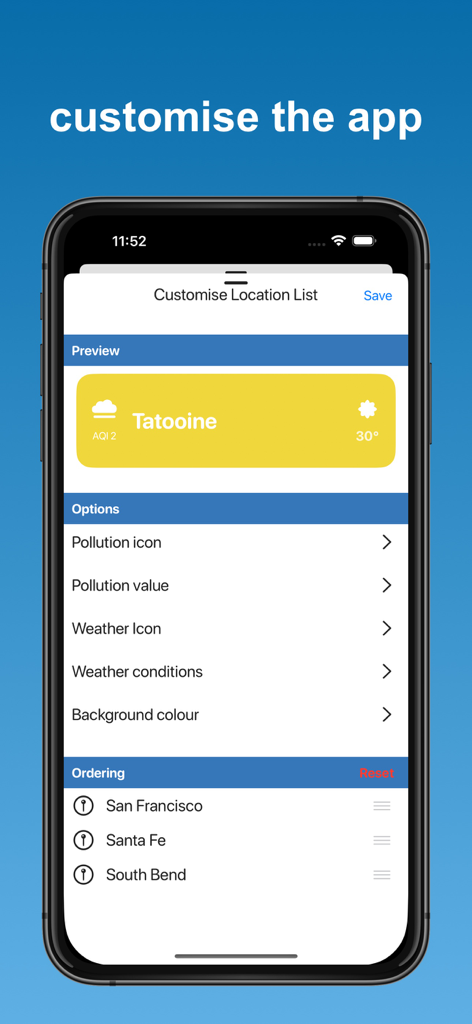 Menu de personalização no aplicativo de qualidade do ar Haze para gerenciar locais salvos e opções de exibição