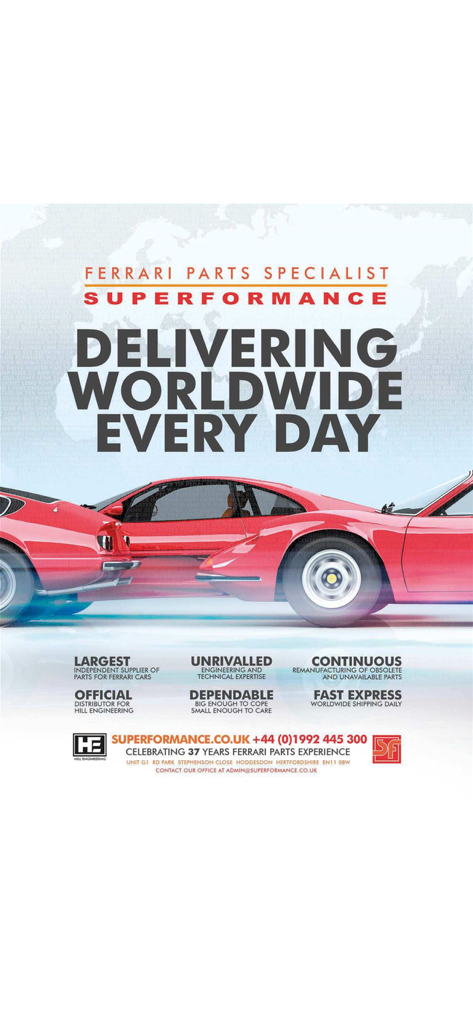 Auto Italia - Superperformance Ferrari parts specialist advertisement featuring red sports cars and worldwide shipping details