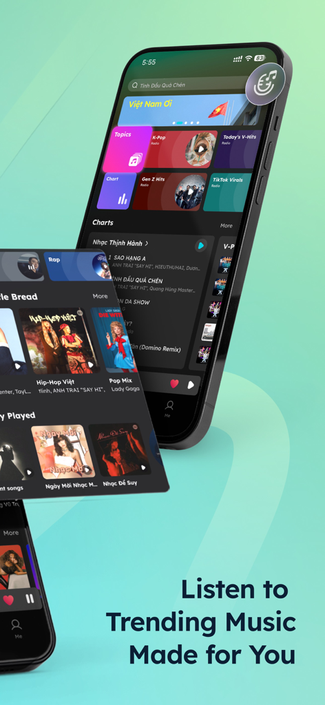 NCT NhacCuaTui app interface displaying trending Vietnamese music charts and personalized playlists