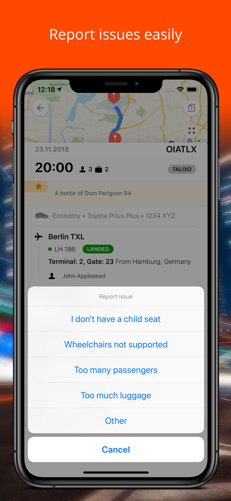 Interface do aplicativo Talixo Driver mostrando um pop-up de relatório de problema com opções como excesso de passageiros e bagagem em excesso.