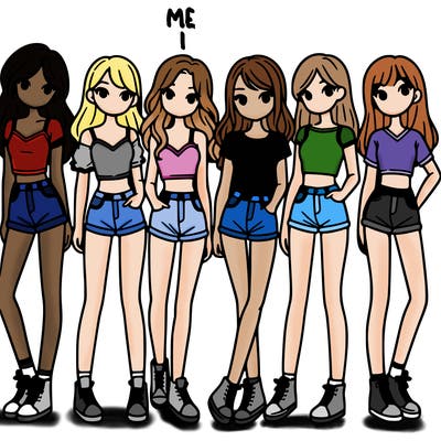 a group of girls wearing crop tops and shorts