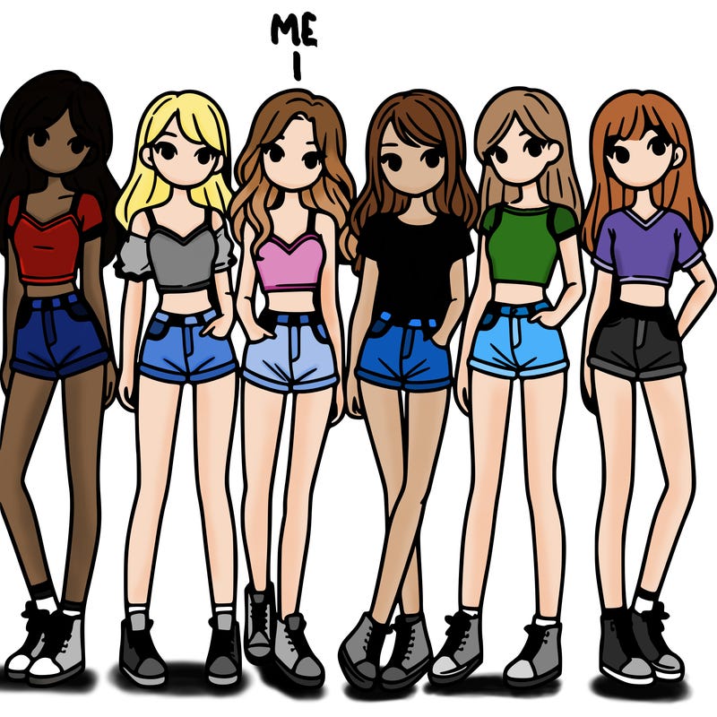 a group of girls wearing crop tops and shorts