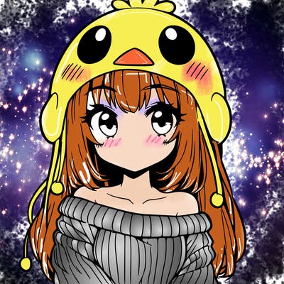 anime girl with chick shaped hat with sweater with bare shoulders with bangs covering them one eye with low tail