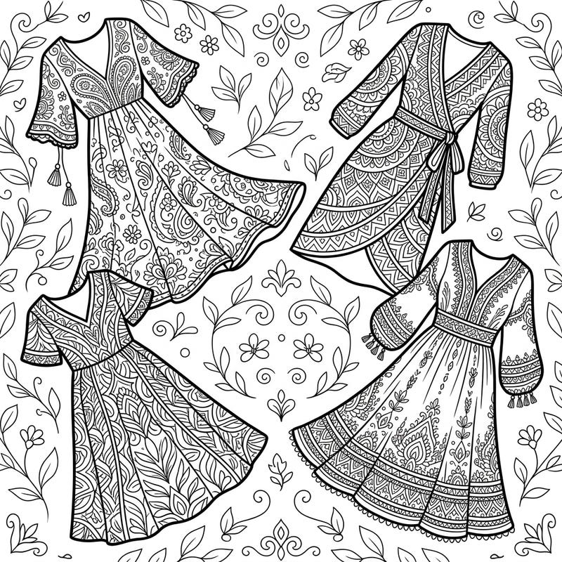 Dive into a world of fashion and relaxation with our adult casual dresses coloring page. Each dress offers intricate patterns, perfect for mindful coloring and expressing your unique style.