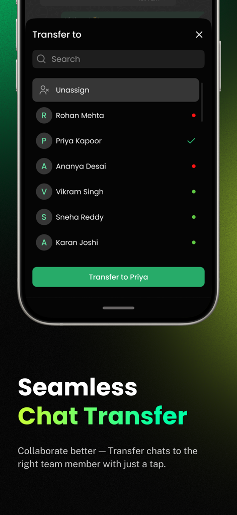 Wappbiz - Wappbizモバイルアプリインターフェースで、顧客との会話をチームメンバーに割り当てるためのシームレスなチャット転送機能が表示されている様子