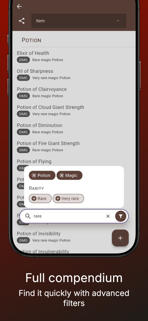 RPG Companion App - RPG Companion App item compendium interface showing potions and advanced search filters