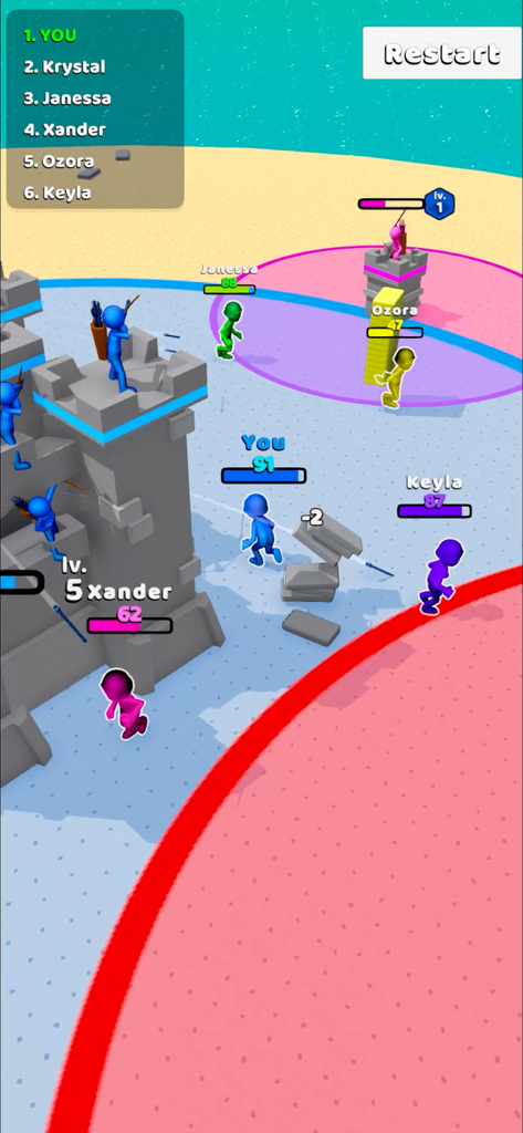Outdo.io - Stickman characters battling and defending a castle in the Outdo.io mobile game