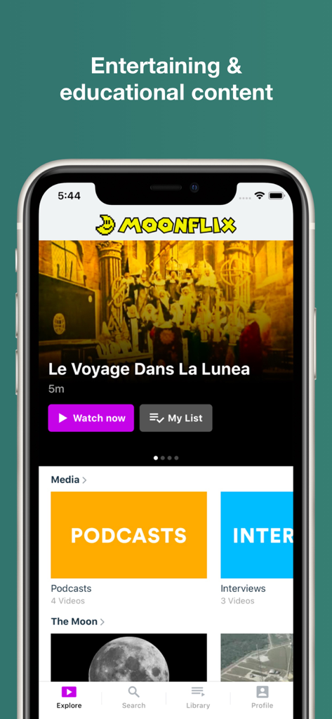 MoonFlix - MoonFlix app home screen featuring educational movies and podcasts for sleep