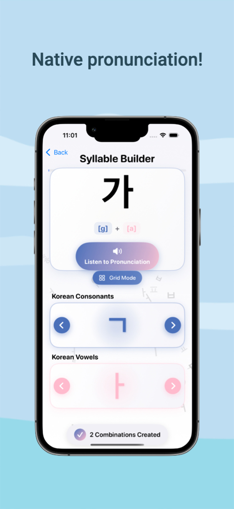 HangeulPop - Tela do aplicativo HangeulPop mostrando a ferramenta Construtor de Sílabas para aprender a pronúncia de caracteres coreanos